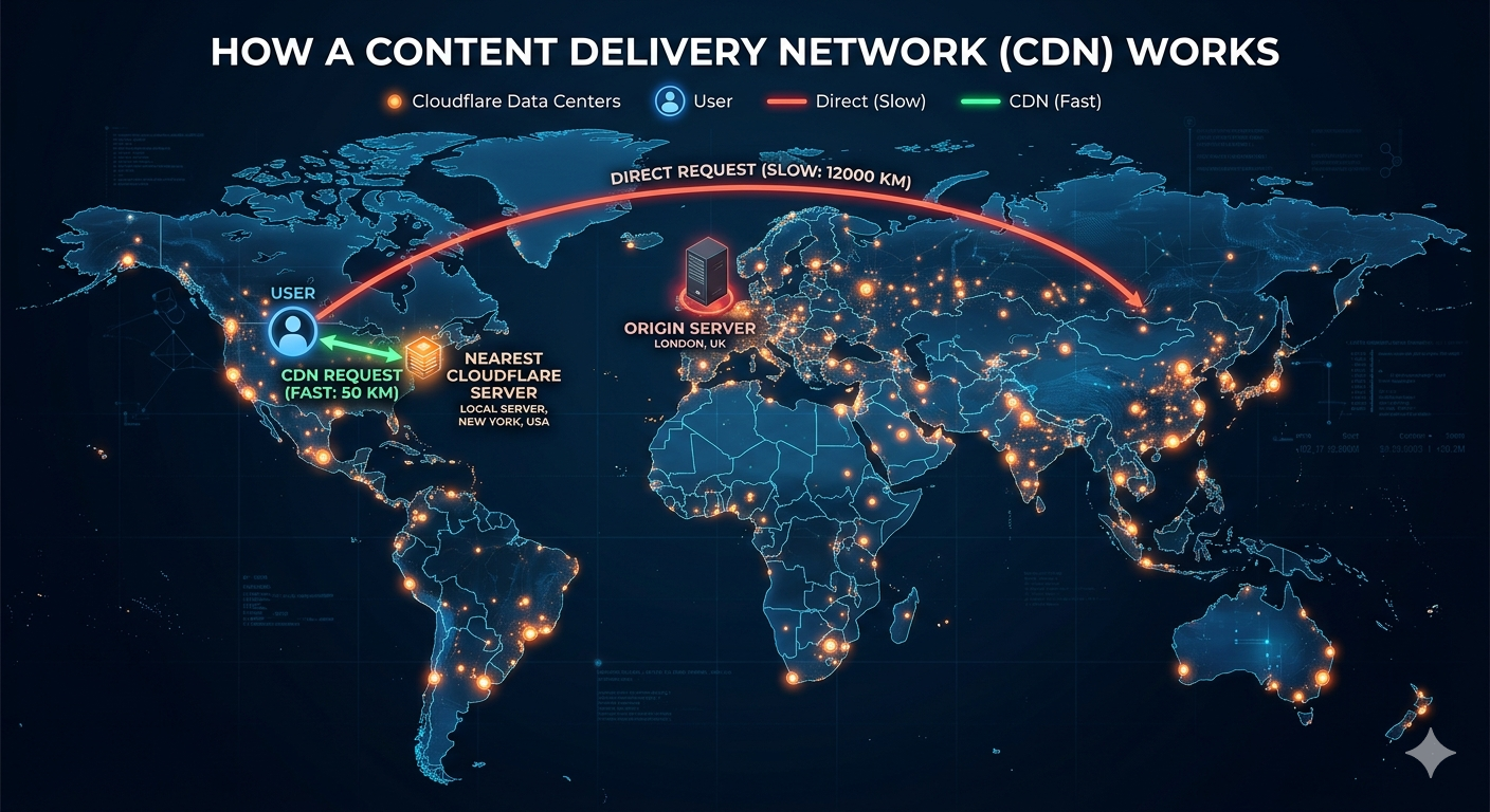 Infographic showing a 3-step process to set up Cloudflare on a website
